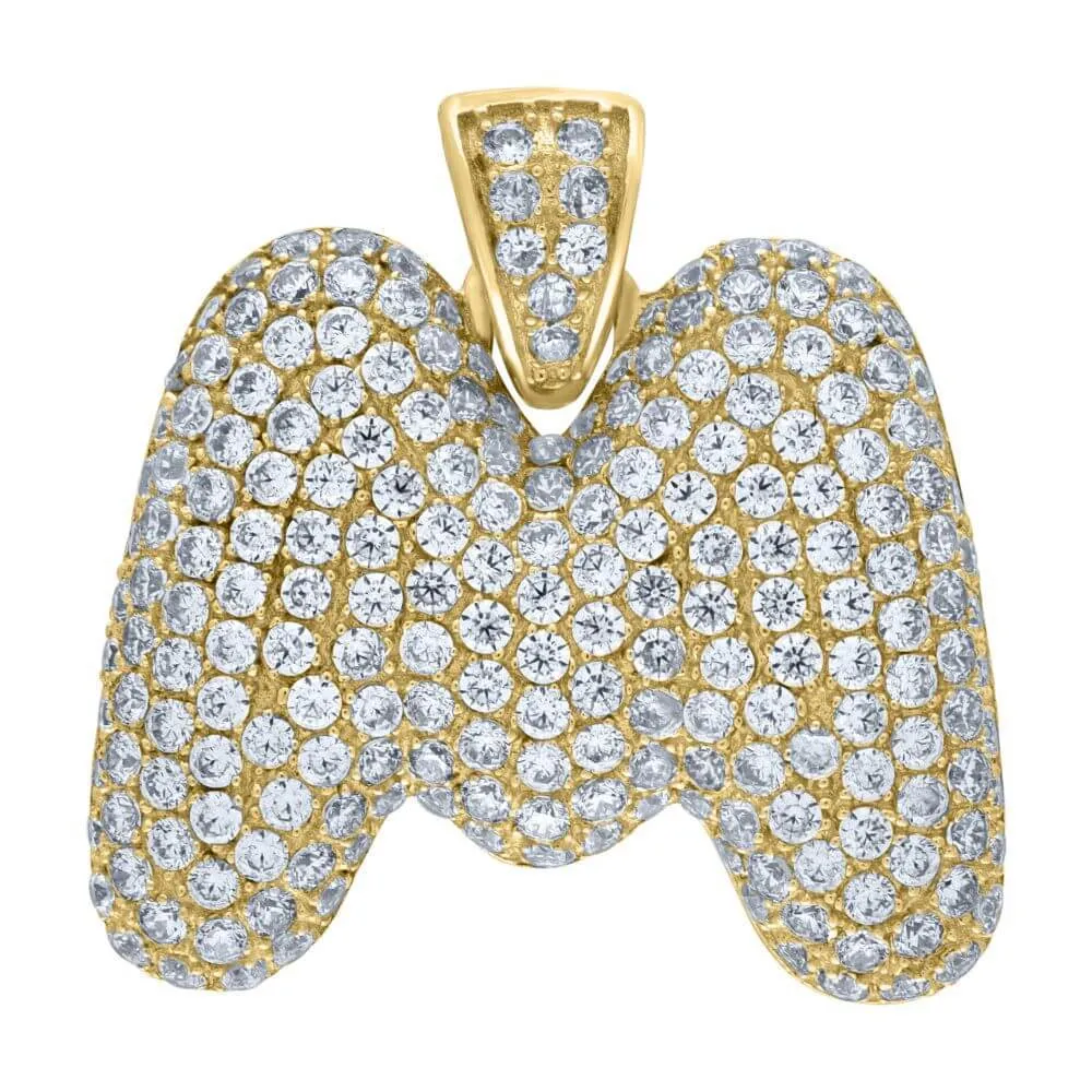 10K Yellow Gold Iced Out CZ Bubble Initial Letter "M" Charm Pendant 4.9 Grams