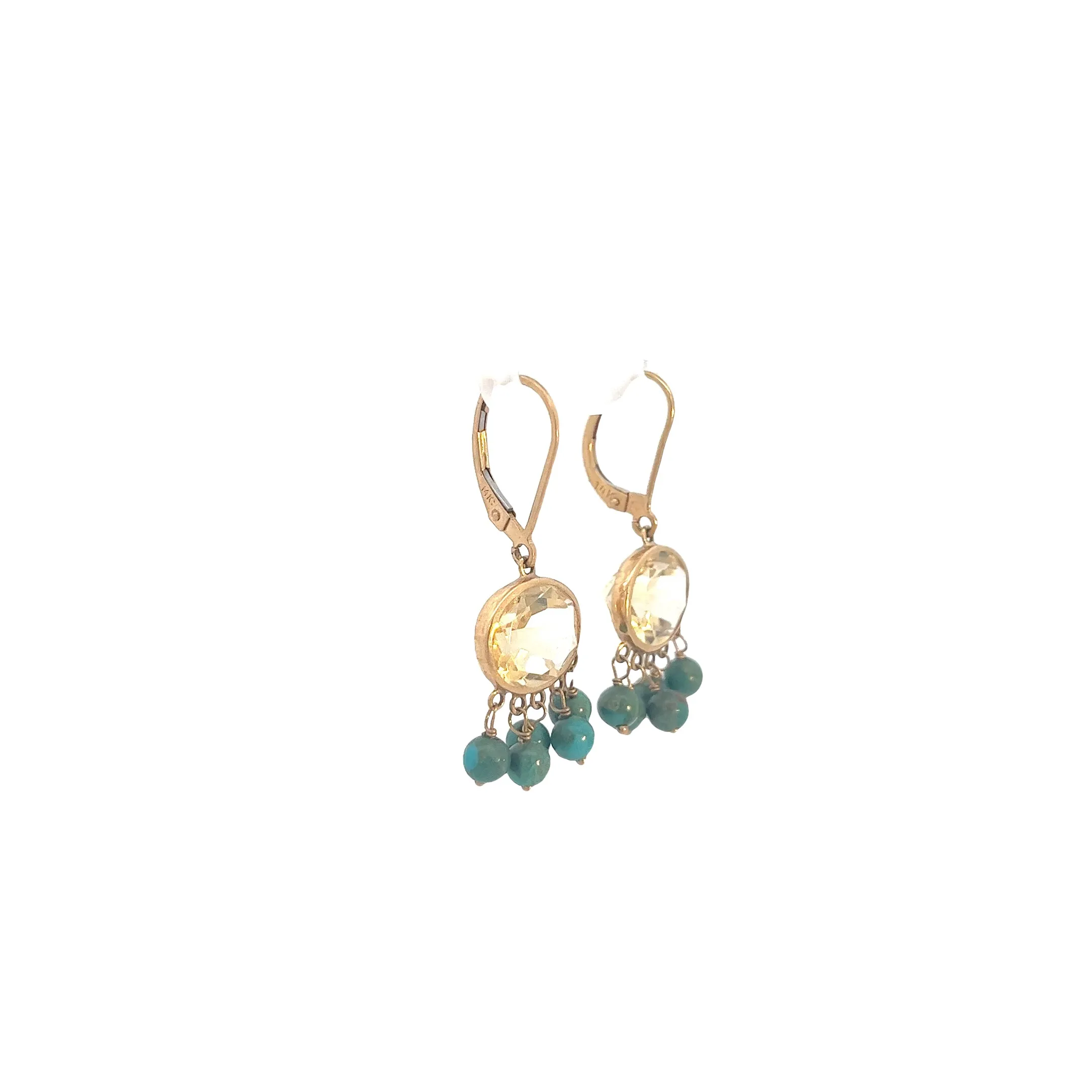 14k Yellow Gold Citrine and Turquoise Drop Earrings