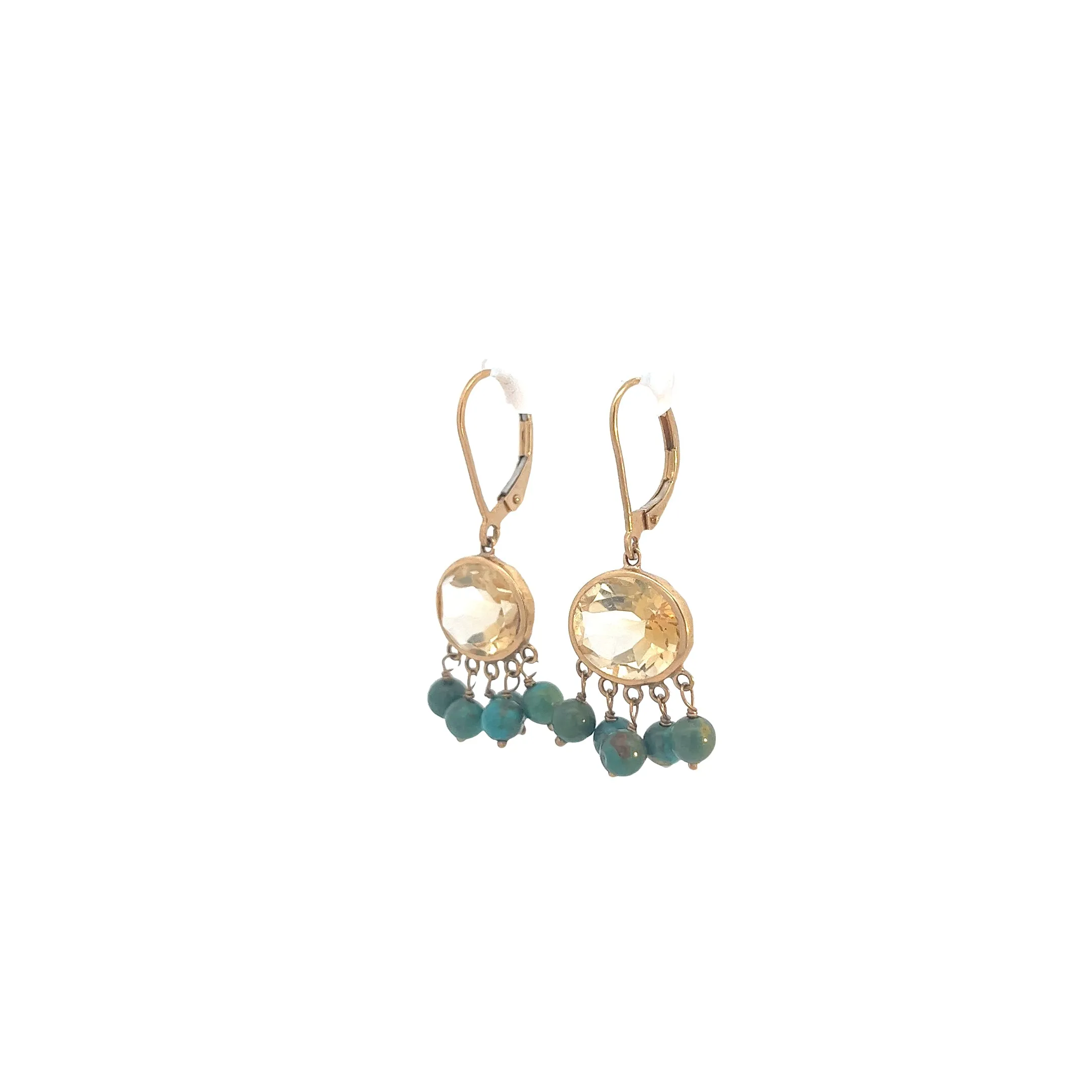 14k Yellow Gold Citrine and Turquoise Drop Earrings