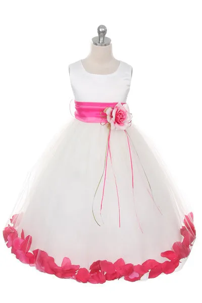 160B [SASH] White Satin Flower Petal Plus Size Girl Dress with Organza Sash