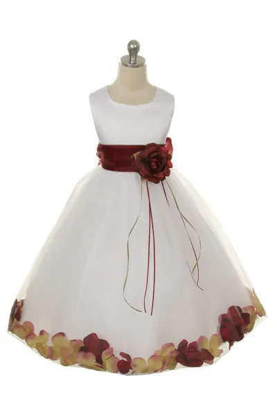 160B [SASH] White Satin Flower Petal Plus Size Girl Dress with Organza Sash
