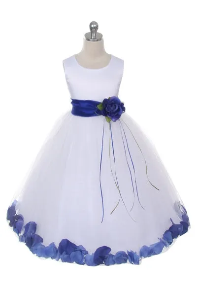 160B [SASH] White Satin Flower Petal Plus Size Girl Dress with Organza Sash