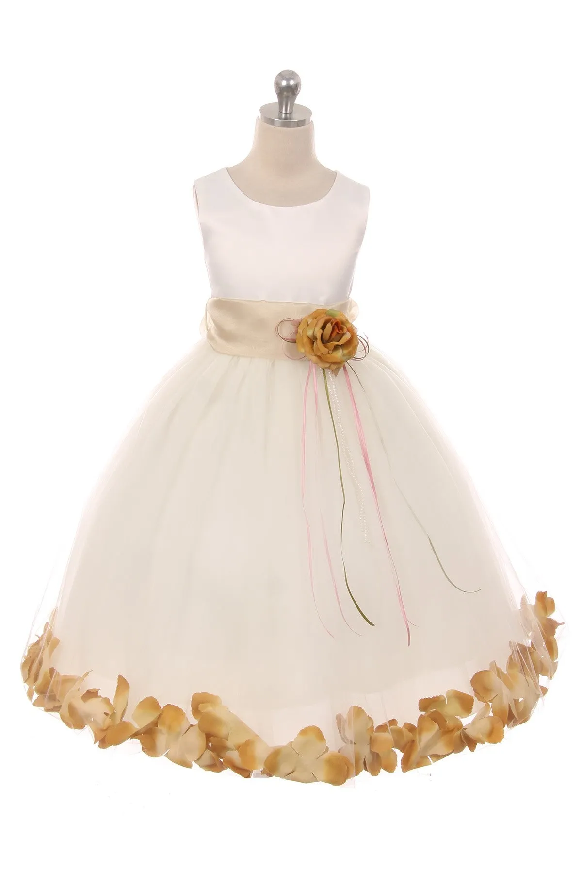 160B [SASH] White Satin Flower Petal Plus Size Girl Dress with Organza Sash