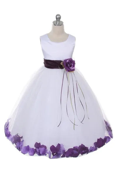 160B [SASH] White Satin Flower Petal Plus Size Girl Dress with Organza Sash