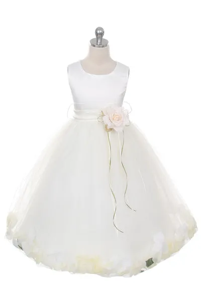 160B [SASH] White Satin Flower Petal Plus Size Girl Dress with Organza Sash