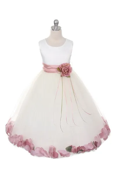 160B [SASH] White Satin Flower Petal Plus Size Girl Dress with Organza Sash
