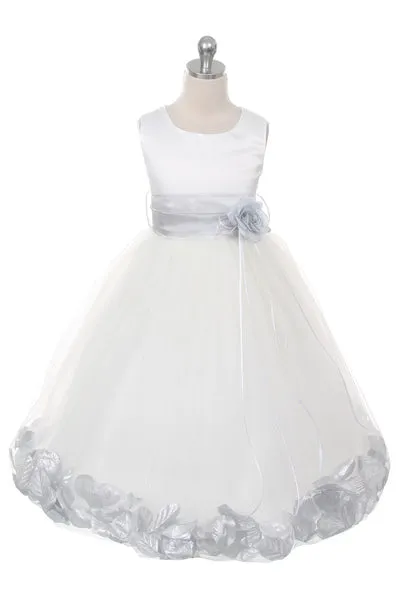 160B [SASH] White Satin Flower Petal Plus Size Girl Dress with Organza Sash