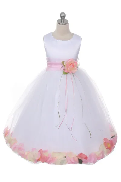 160B [SASH] White Satin Flower Petal Plus Size Girl Dress with Organza Sash