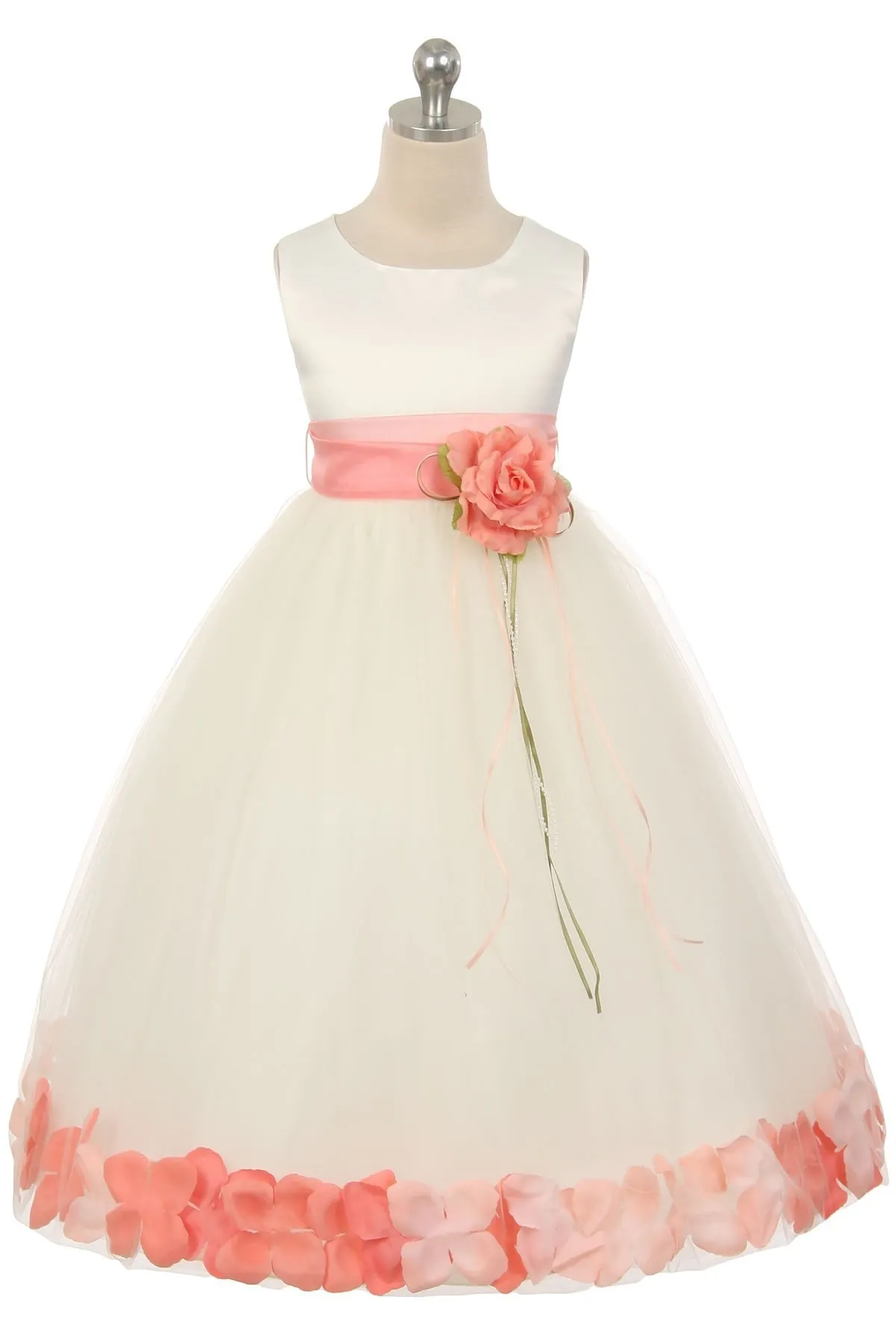 160B [SASH] White Satin Flower Petal Plus Size Girl Dress with Organza Sash