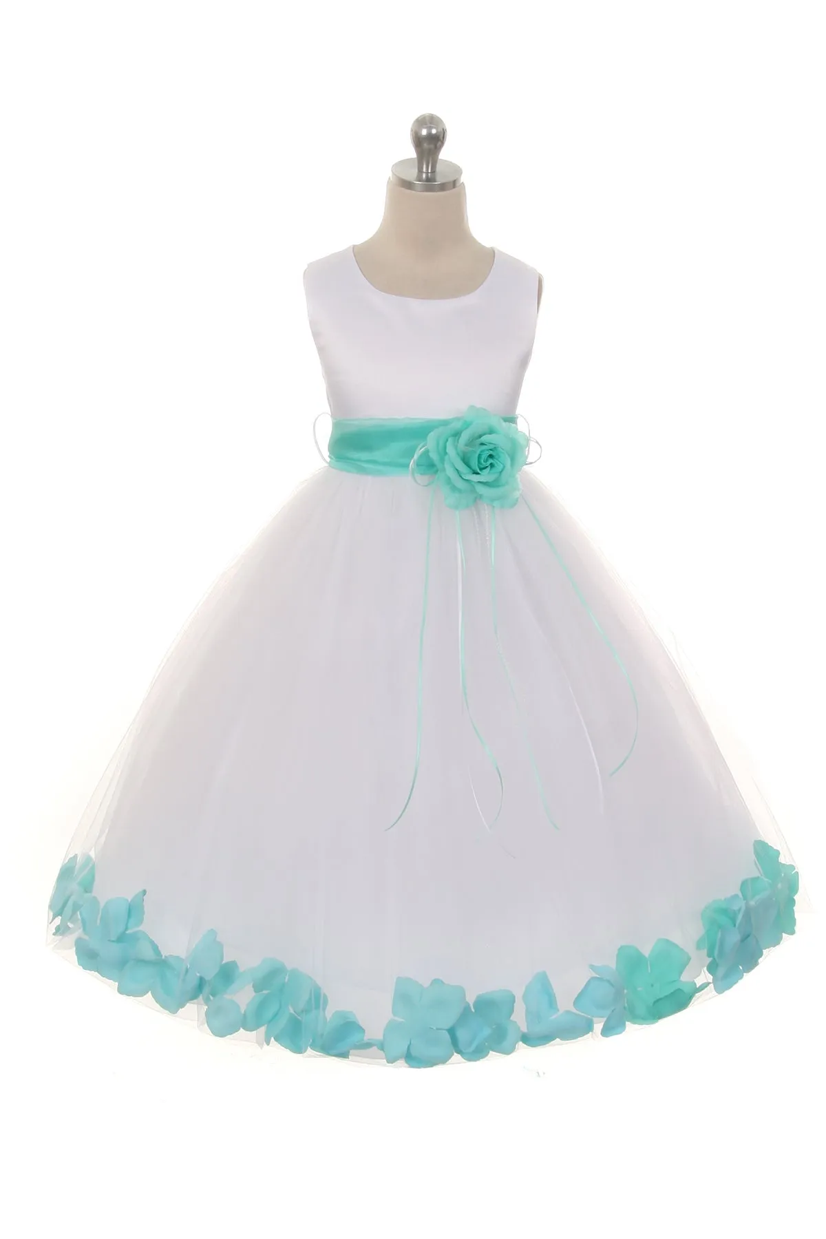 160B [SASH] White Satin Flower Petal Plus Size Girl Dress with Organza Sash