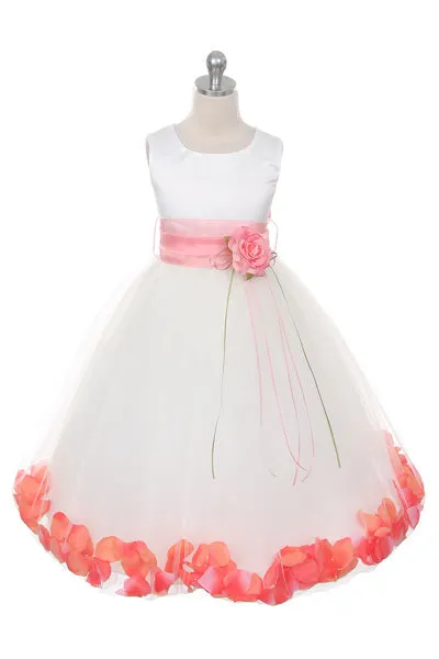160B [SASH] White Satin Flower Petal Plus Size Girl Dress with Organza Sash