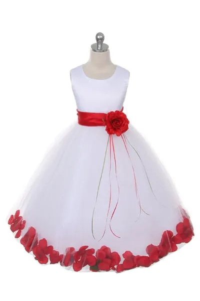 160B [SASH] White Satin Flower Petal Plus Size Girl Dress with Organza Sash