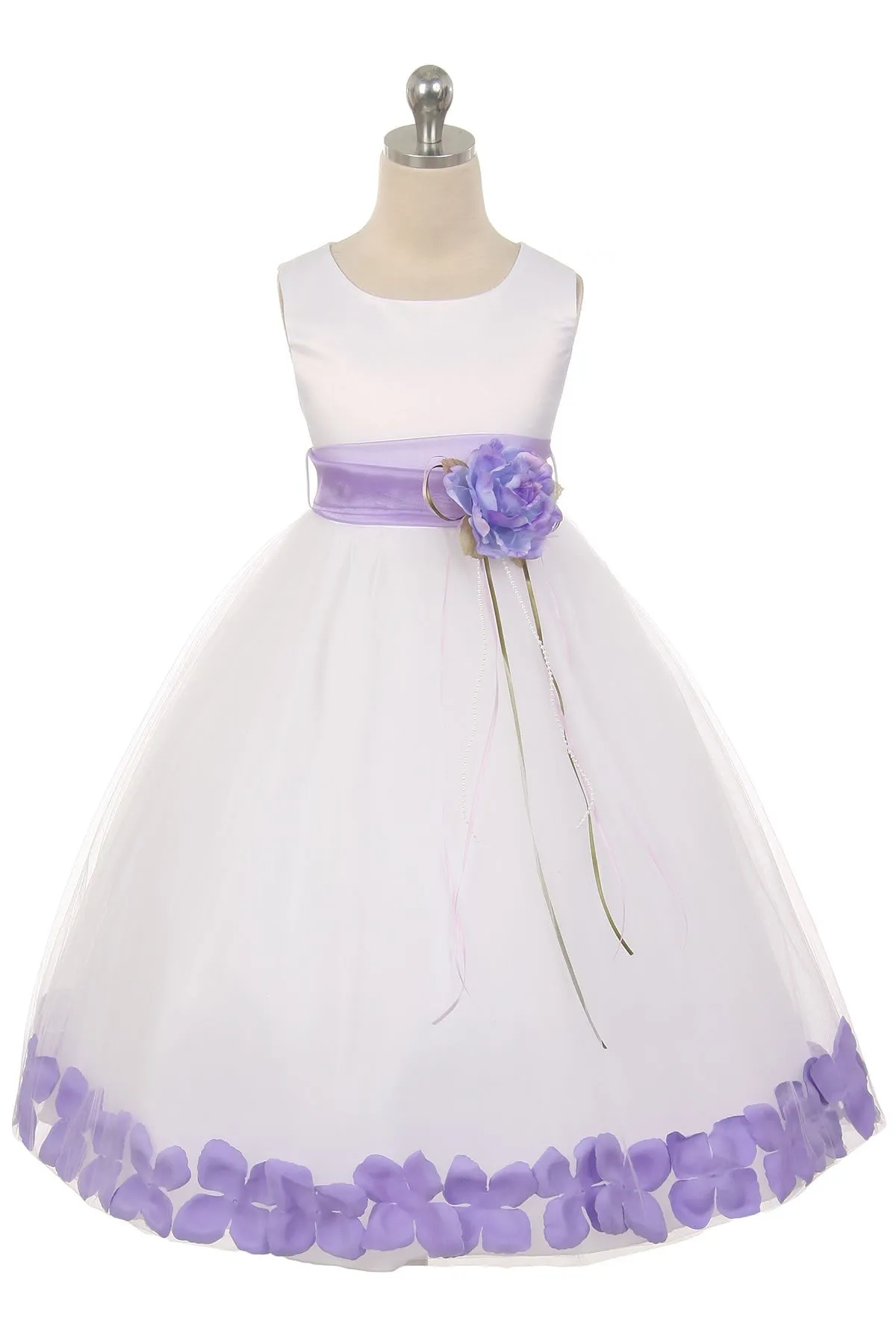 160B [SASH] White Satin Flower Petal Plus Size Girl Dress with Organza Sash