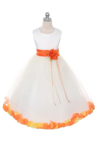 160B [SASH] White Satin Flower Petal Plus Size Girl Dress with Organza Sash