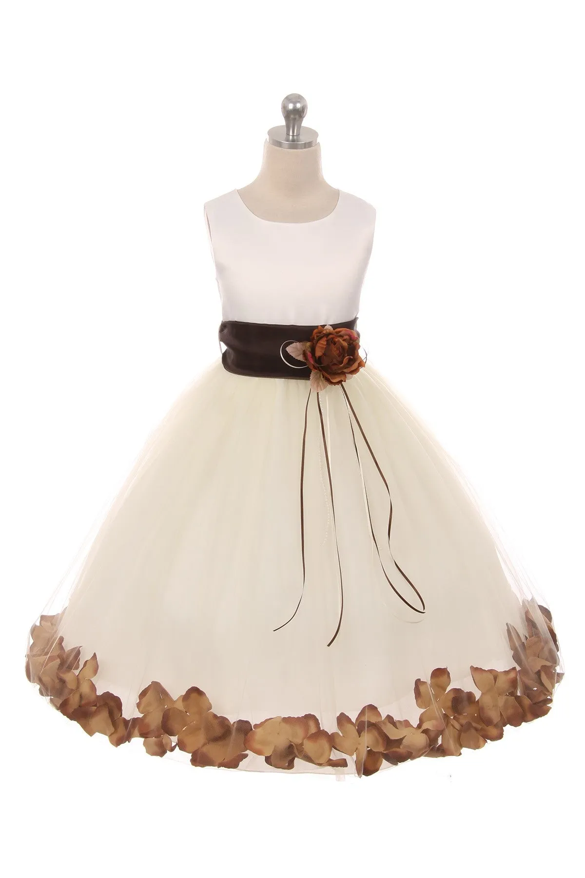 160B [SASH] White Satin Flower Petal Plus Size Girl Dress with Organza Sash