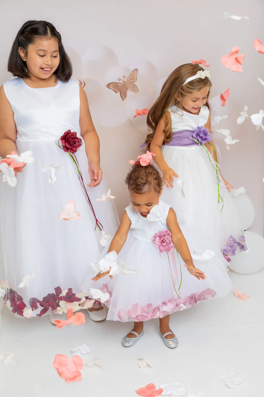 160B [SASH] White Satin Flower Petal Plus Size Girl Dress with Organza Sash