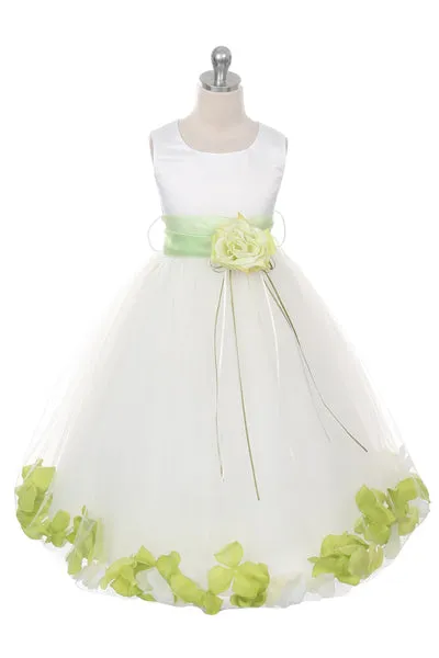 160B [SASH] White Satin Flower Petal Plus Size Girl Dress with Organza Sash