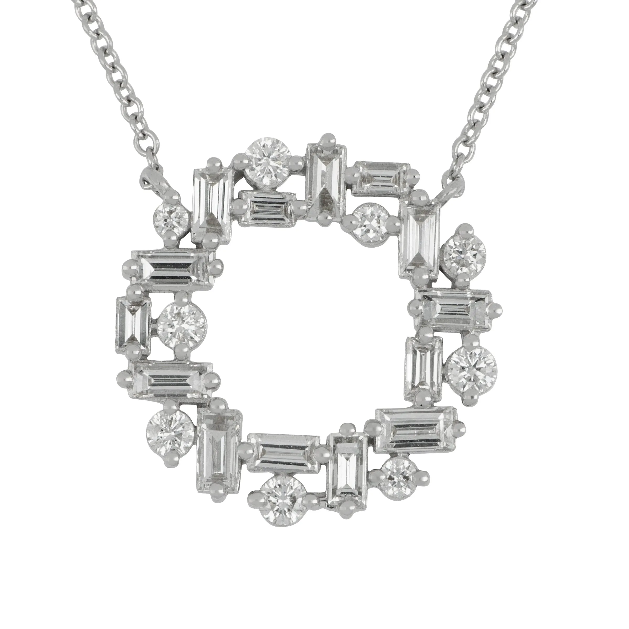 18k White Gold Baguette and Round Diamond Circle Necklace 16-18", D=1.36tw