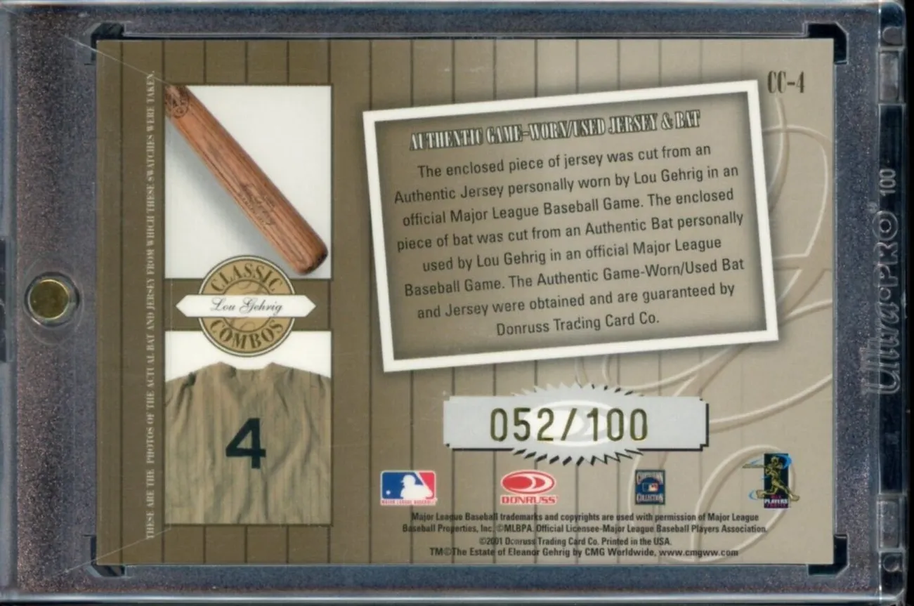 2001 Donruss Classic Combos Lou Gehrig Dual Game Used Bat/Jersey #/100 #CC4