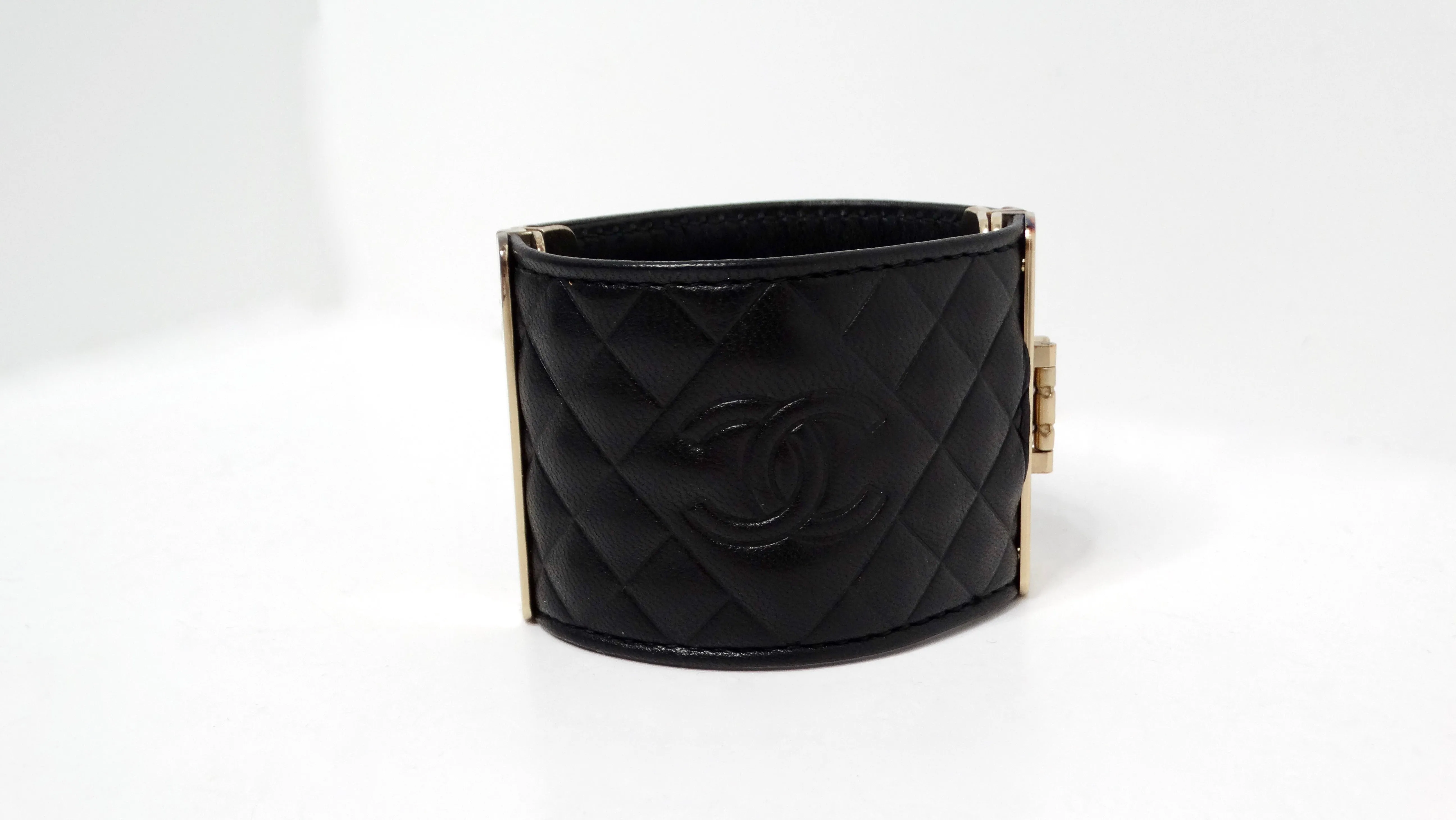 2017 Chanel Black Quilted Calfskin Interlocking CC Embossed Cuff Bracelet
