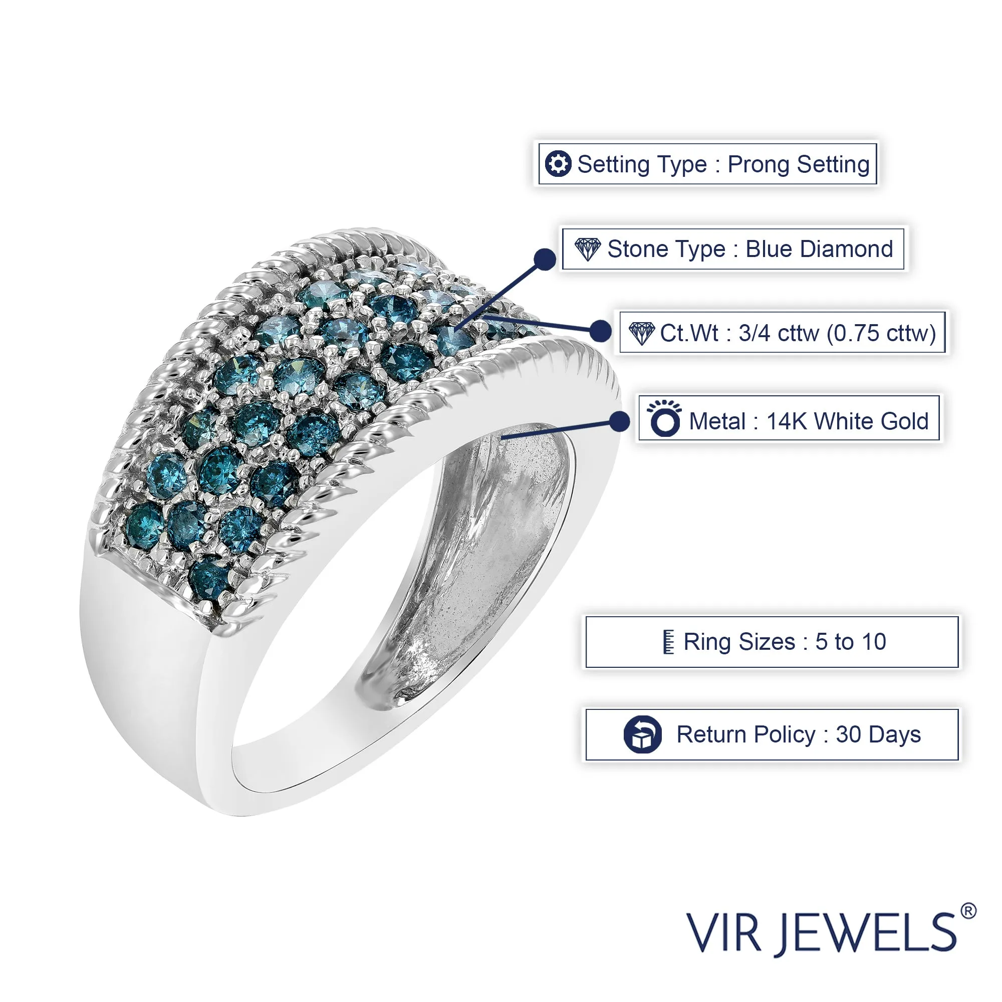 3/4 cttw Milgrain Blue Diamond Wedding Band in 14K White Gold