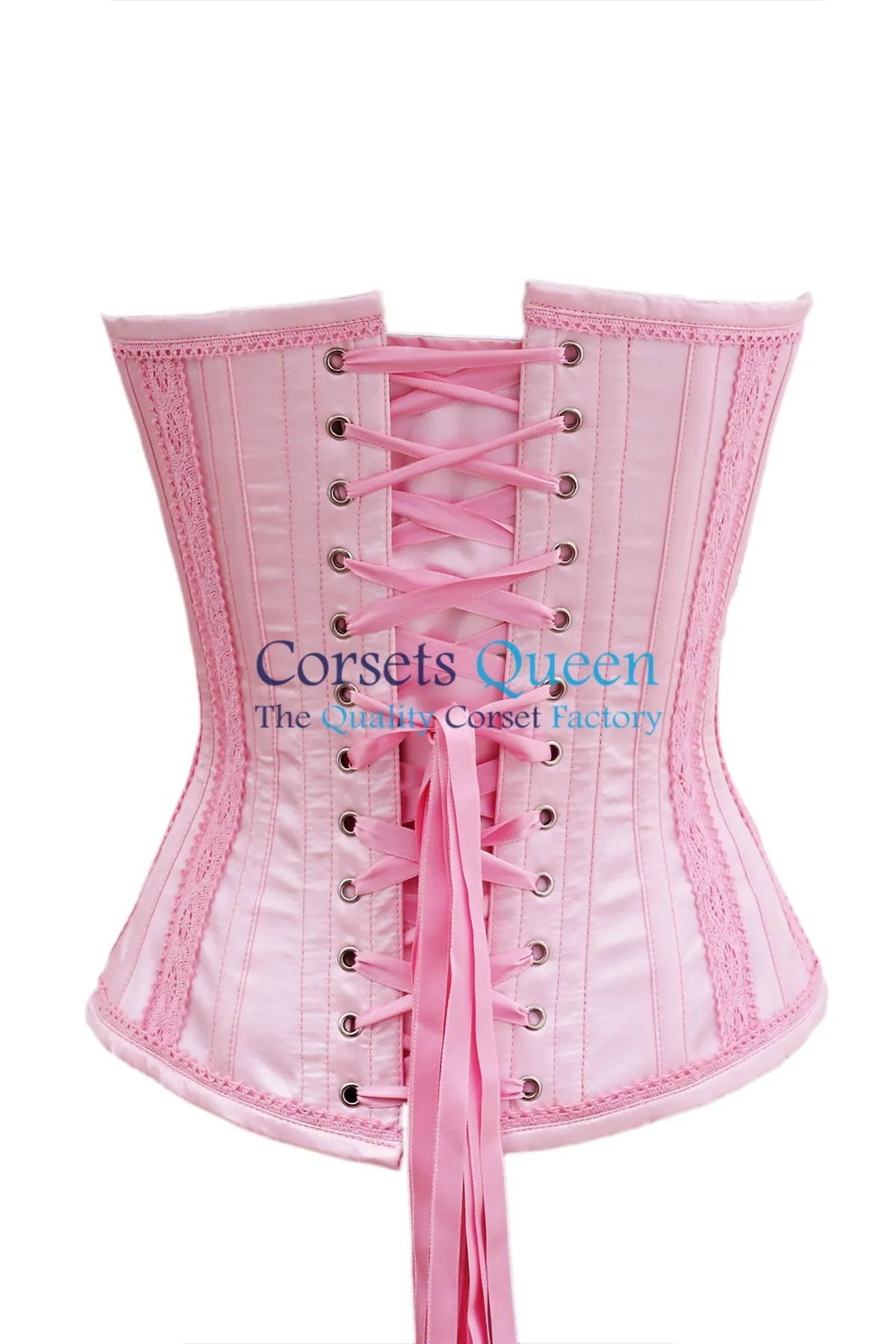 Achtel Baby Pink Satin Overbust Corset With Lace Trims