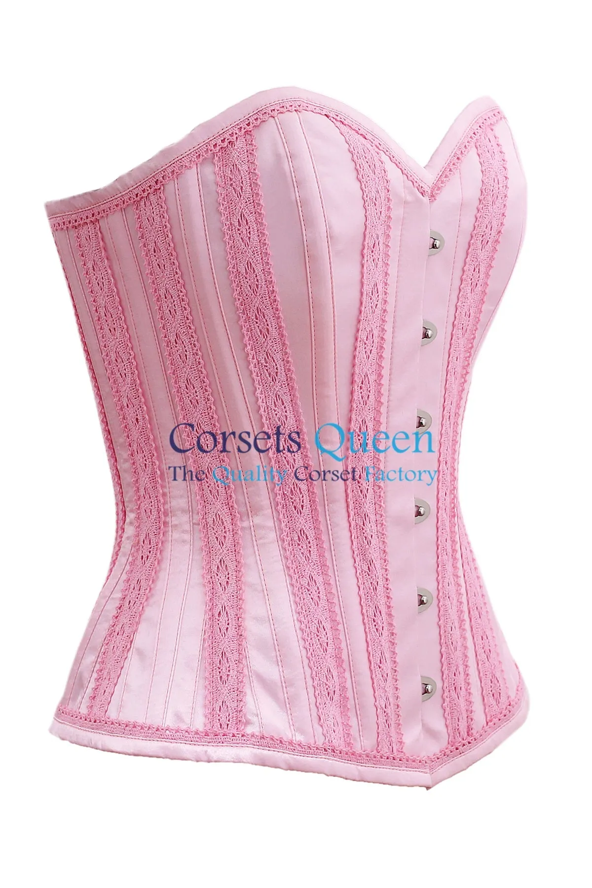 Achtel Baby Pink Satin Overbust Corset With Lace Trims