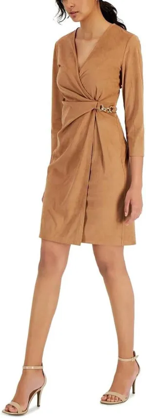 Anne Klein Womens Faux Suede Knee Length Wrap Dress 10849273 Brown XL