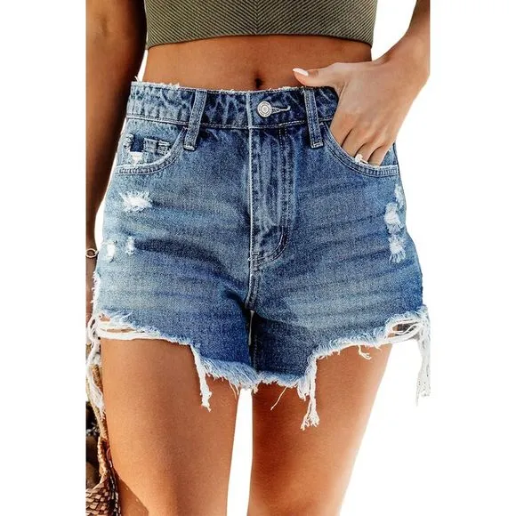 Azura Exchange  Sky Blue Distressed Raw Edge Jean Shorts