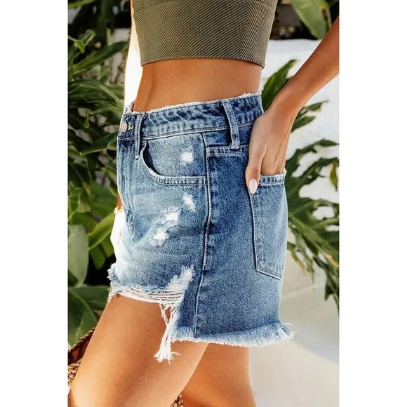 Azura Exchange  Sky Blue Distressed Raw Edge Jean Shorts