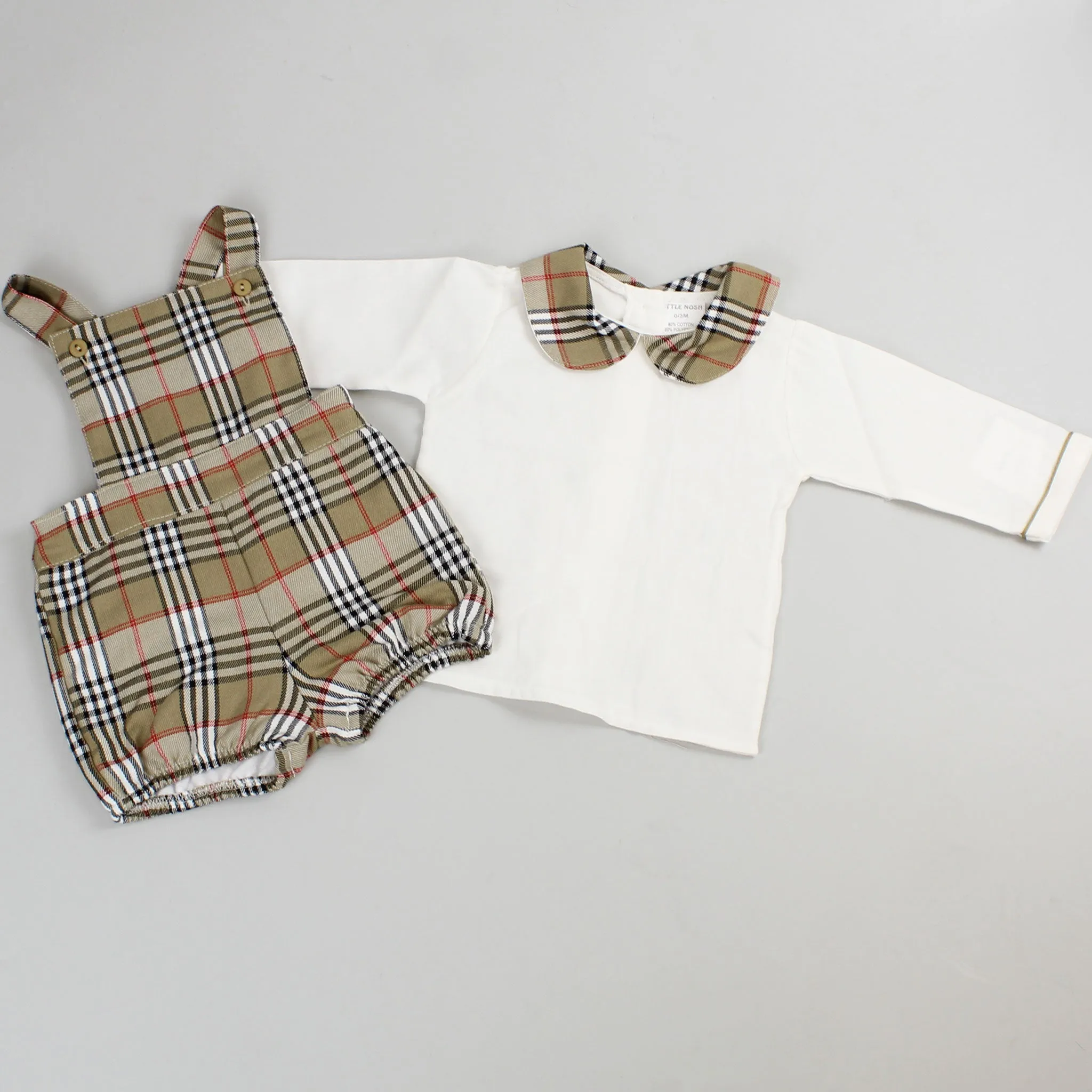 Baby Boys Beige Tartan Short Dungarees and Shirt Outfit