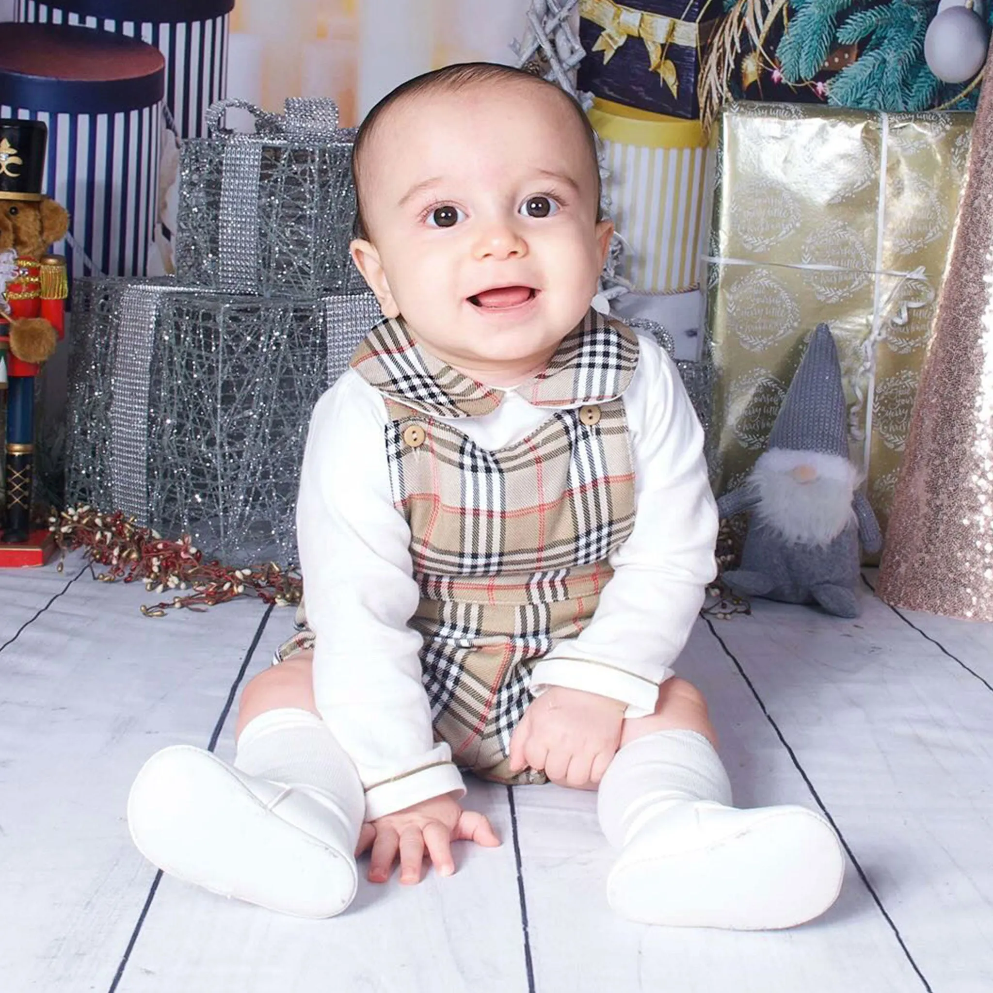Baby Boys Beige Tartan Short Dungarees and Shirt Outfit
