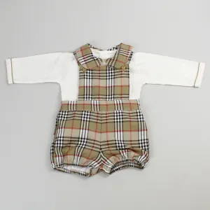 Baby Boys Beige Tartan Short Dungarees and Shirt Outfit