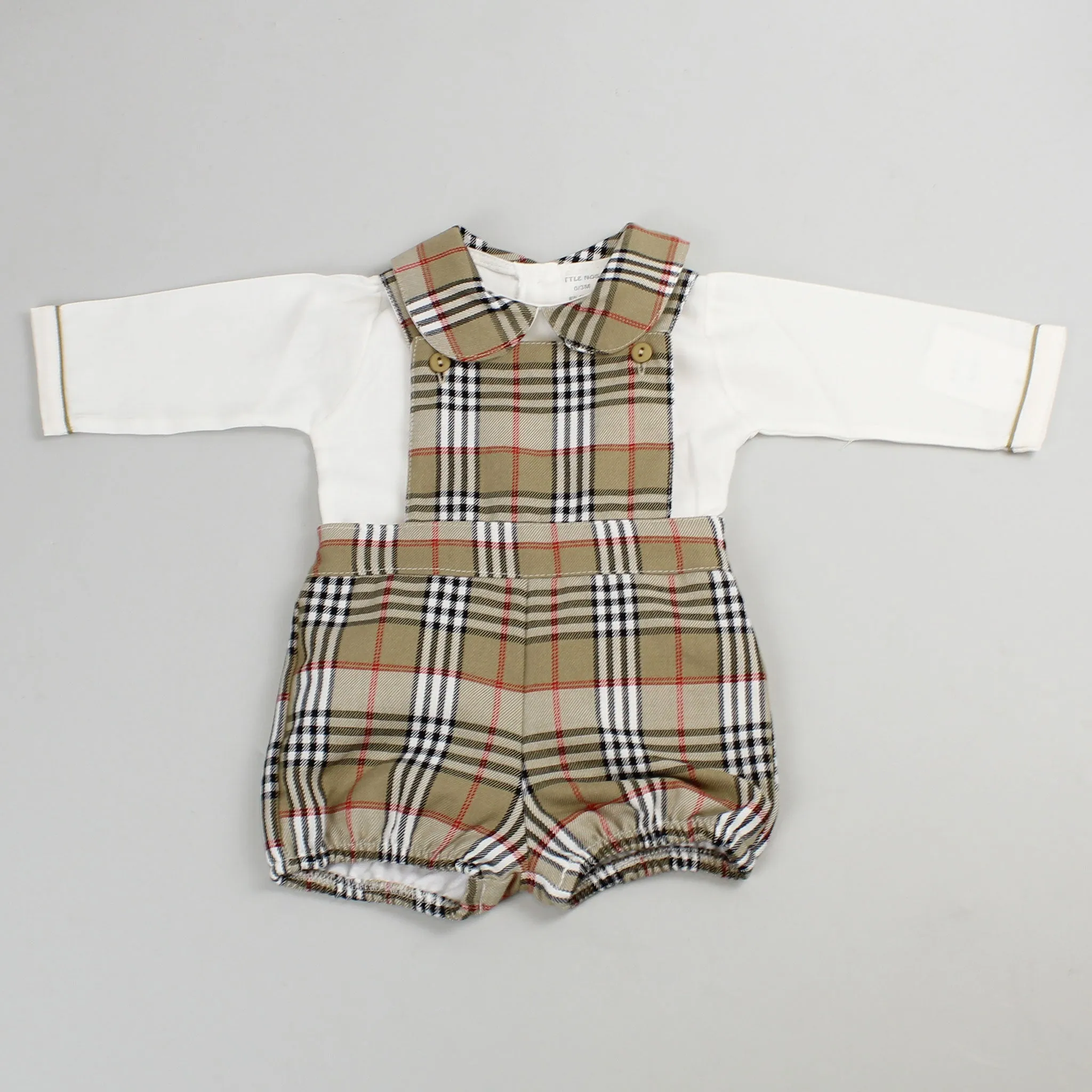 Baby Boys Beige Tartan Short Dungarees and Shirt Outfit