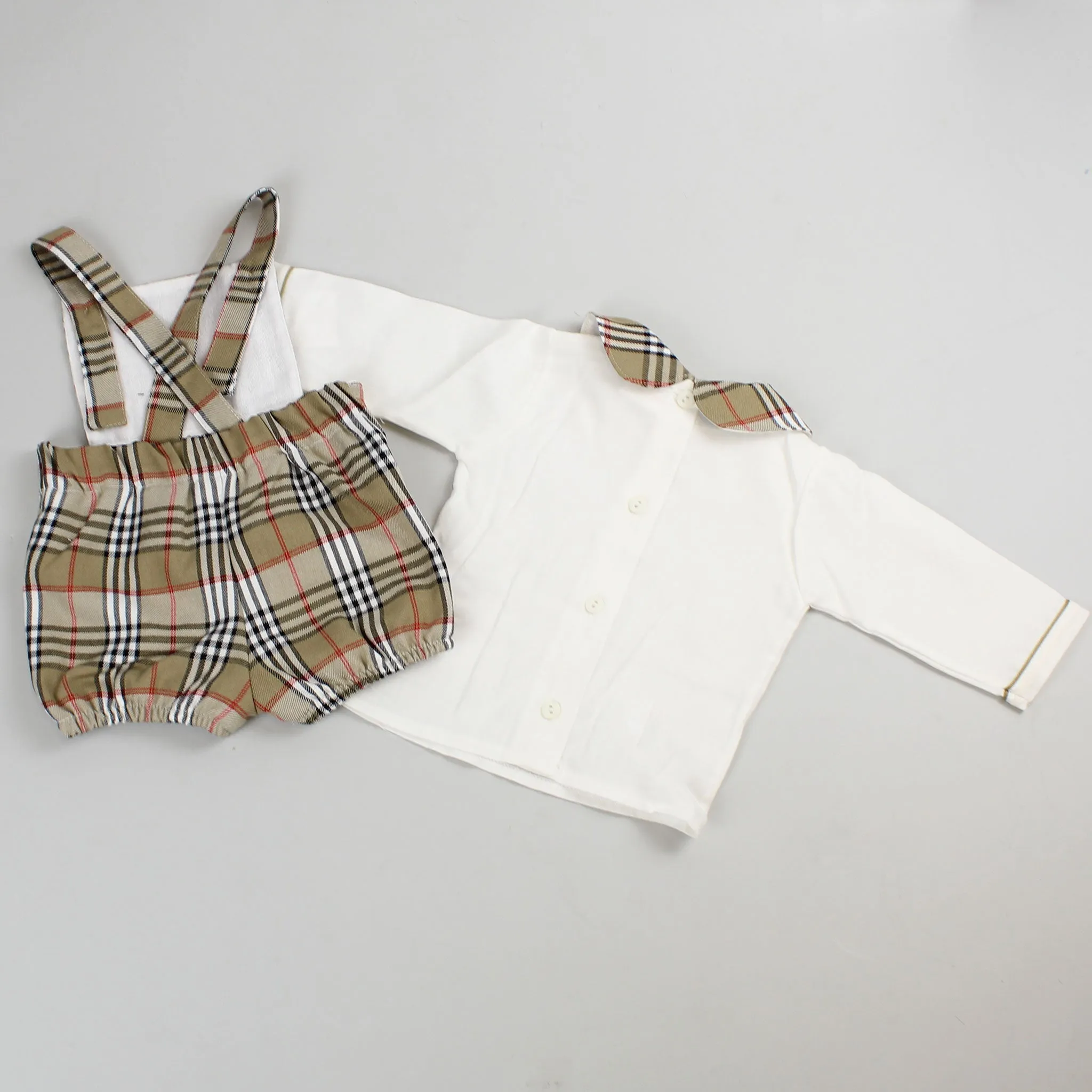 Baby Boys Beige Tartan Short Dungarees and Shirt Outfit