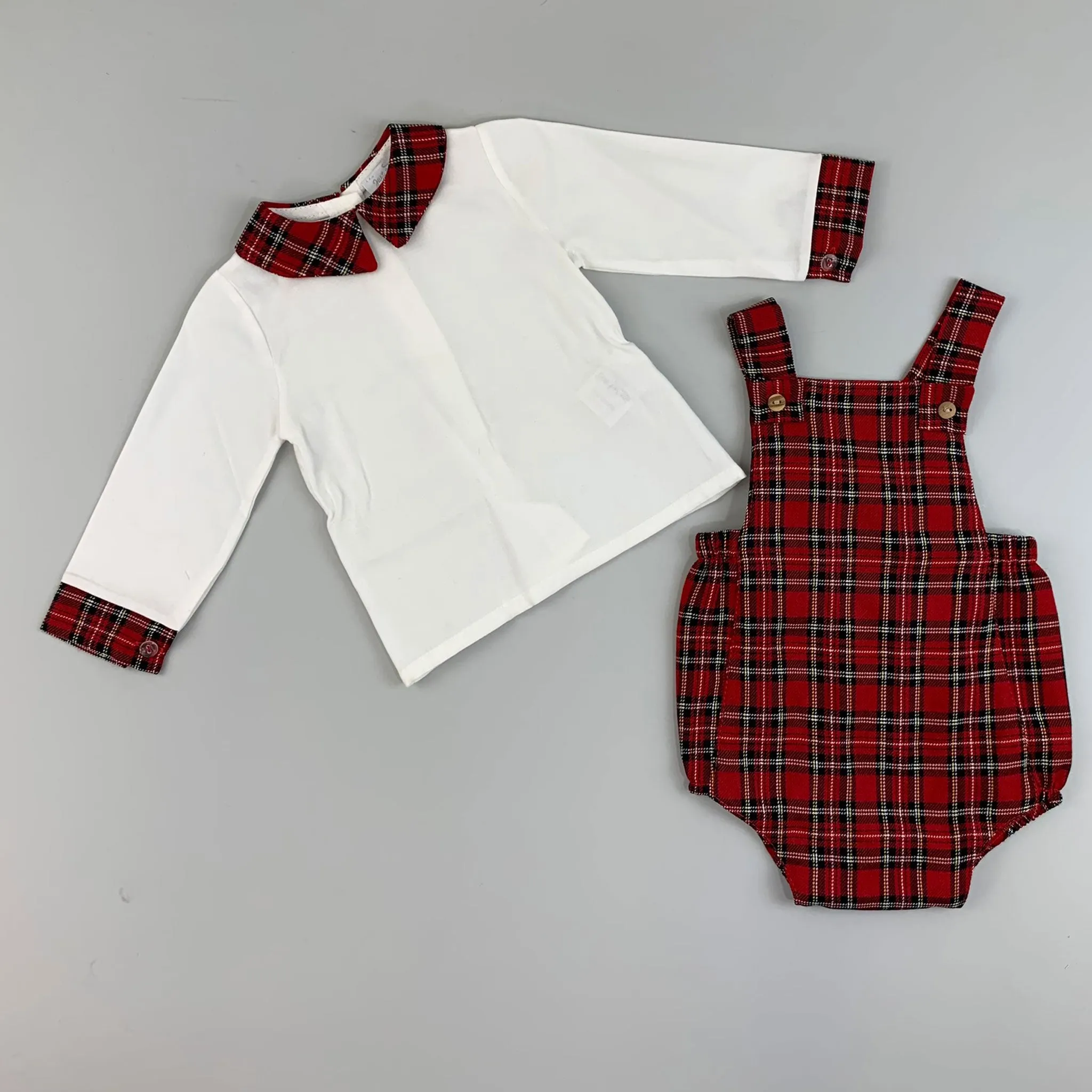 Baby Boys Red Tartan dungaree jam pants and Shirt Set