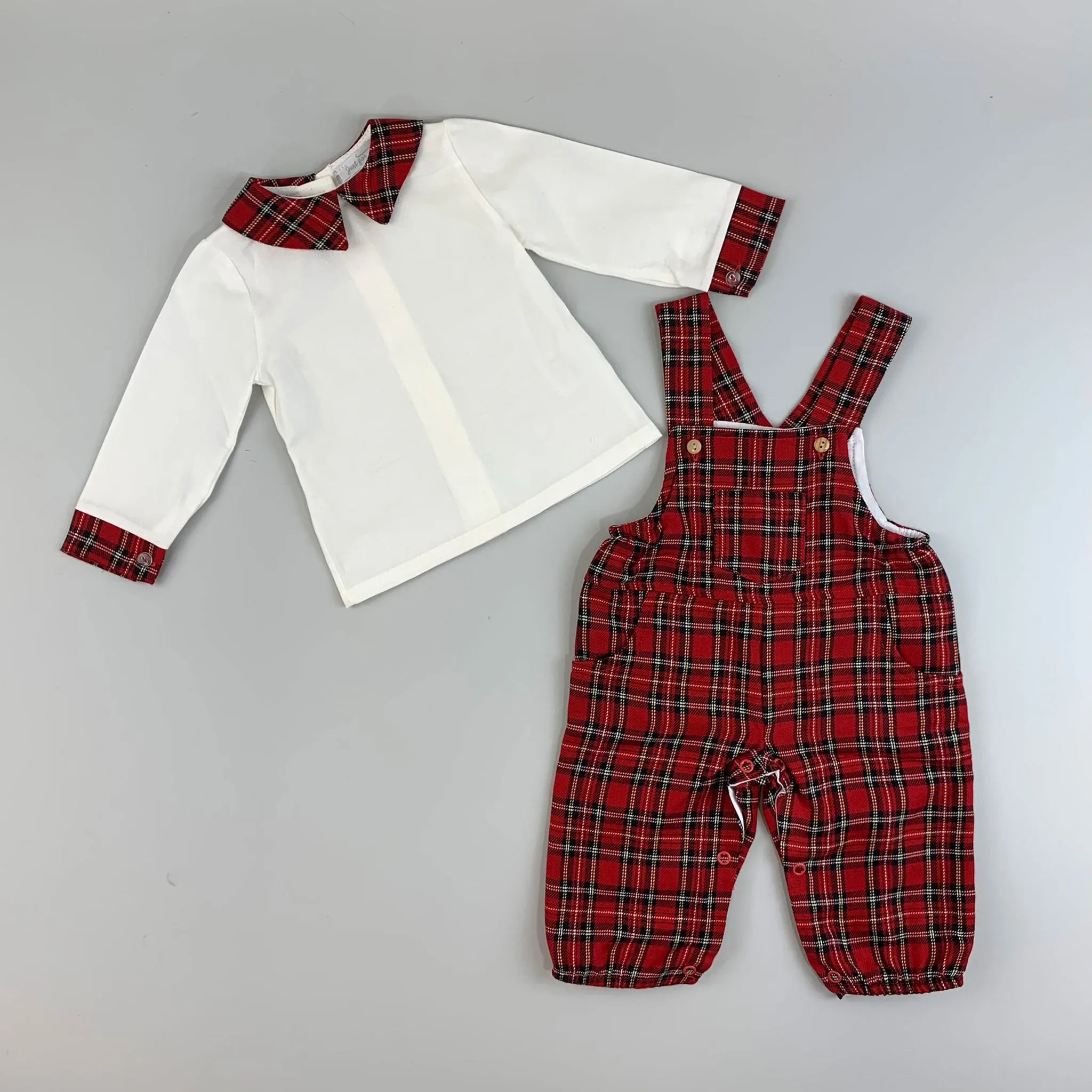 Baby Boys Red Tartan Long Dungarees and Shirt Outfit