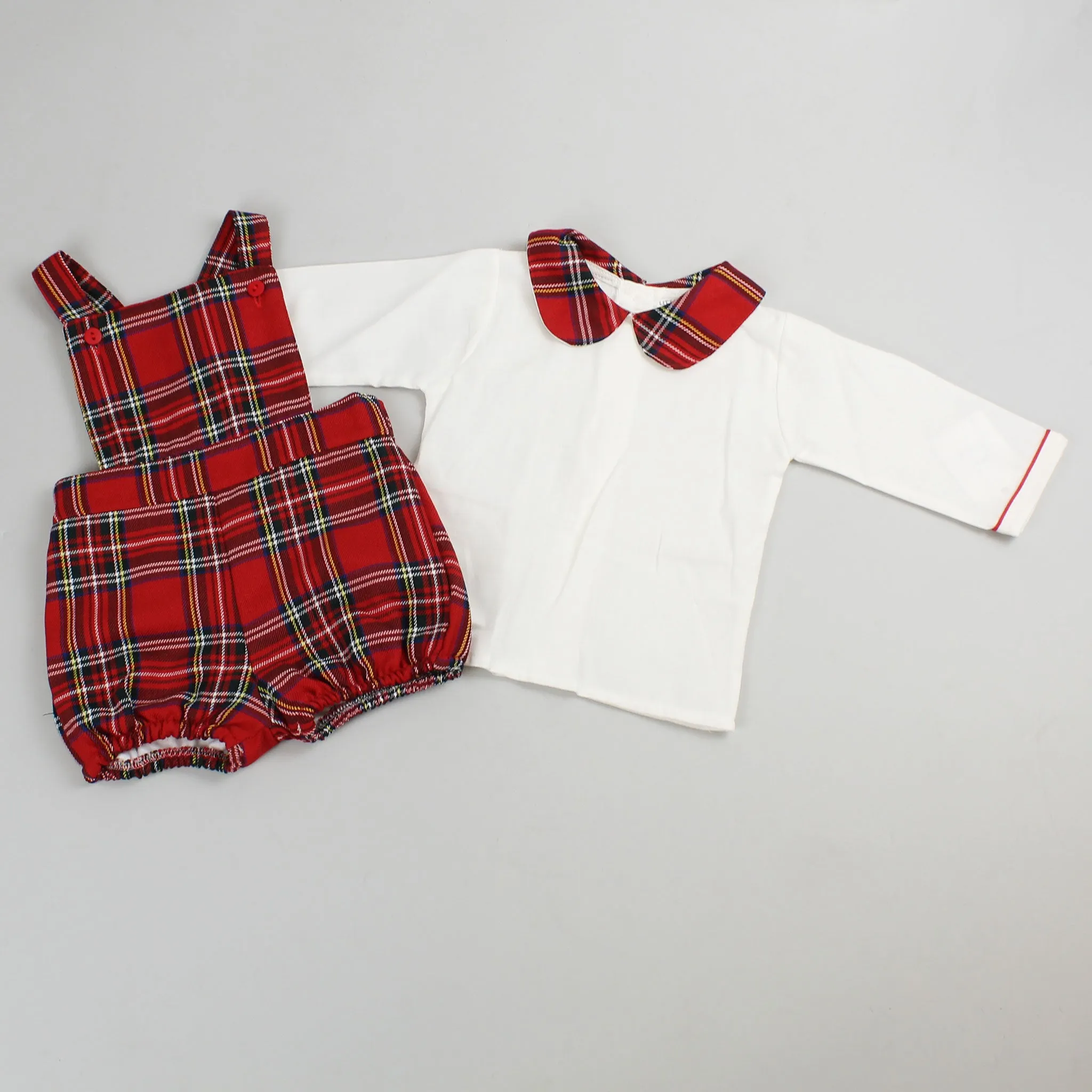 Baby Boys Red Tartan Short Dungarees and Shirt Outfit