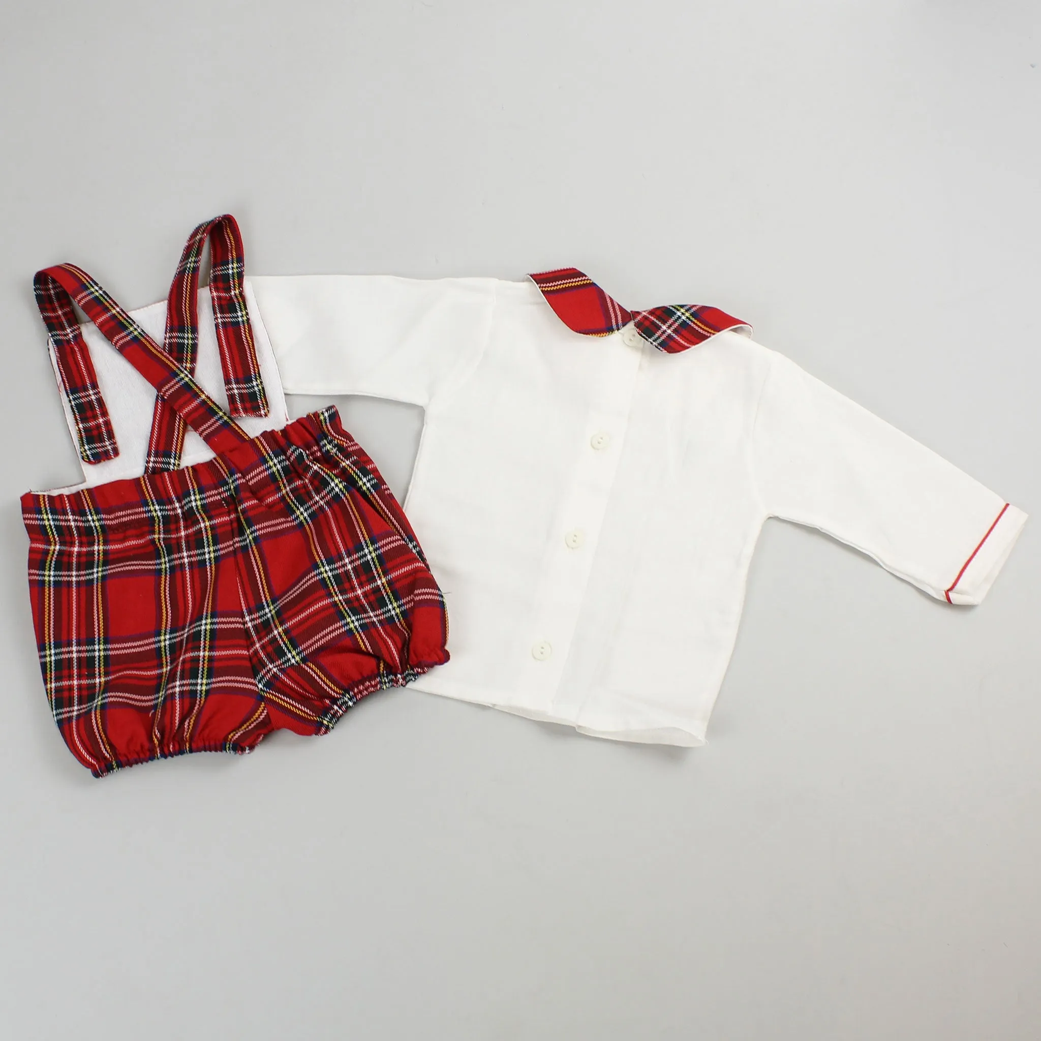 Baby Boys Red Tartan Short Dungarees and Shirt Outfit