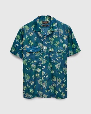 Batik Print Open Collar Shirt in Green Splash