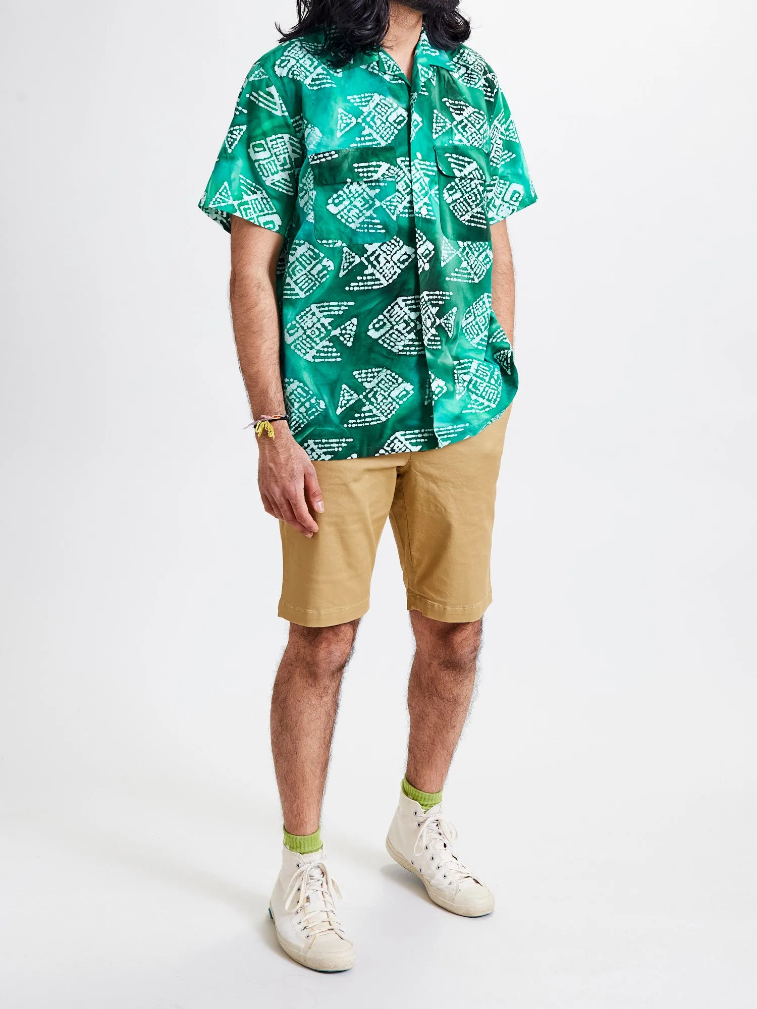 Batik Print Open Collar Shirt in Green