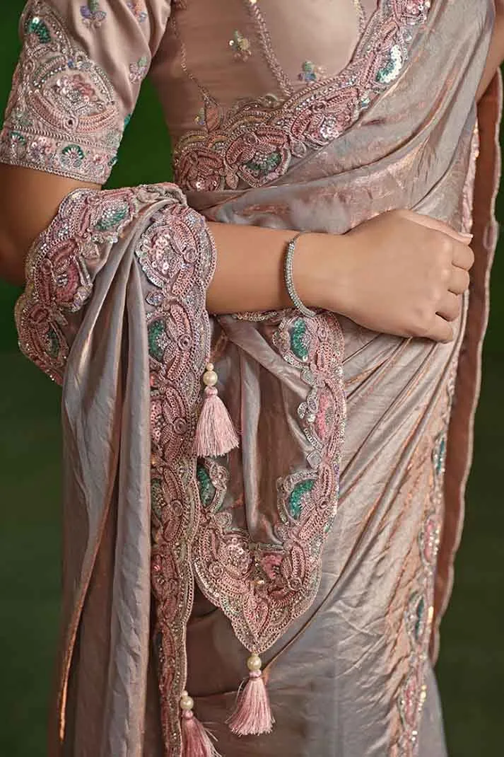 Beige Grey Dual Tone Simmer Satin Silk Dual Sequins with Diamond Work Designer Saree