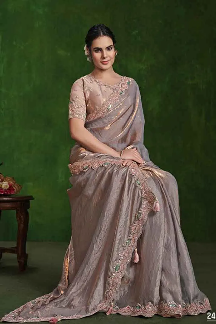 Beige Grey Dual Tone Simmer Satin Silk Dual Sequins with Diamond Work Designer Saree