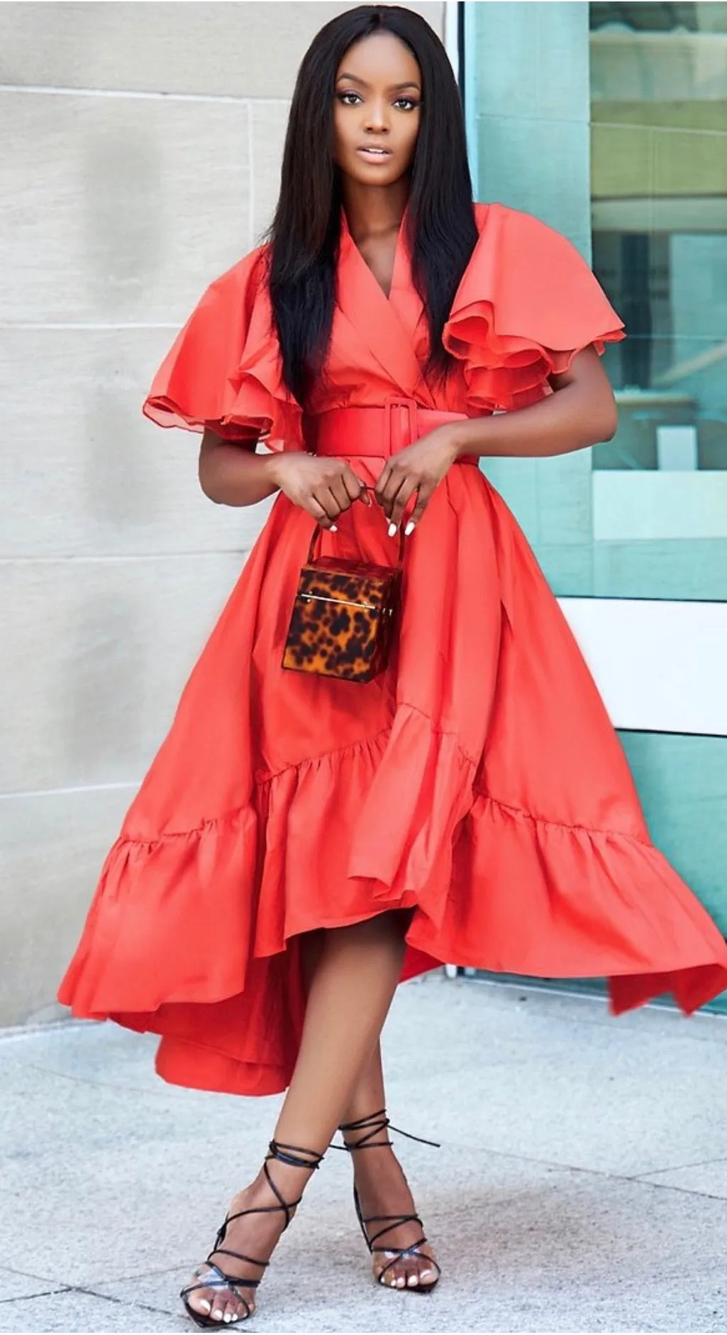 Belted Ruffle Hem High-Low Dress