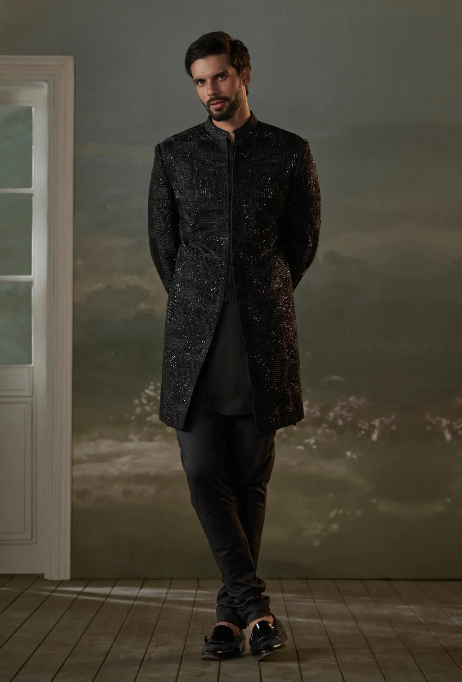 Black short raw silk sherwani set