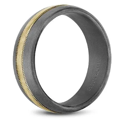Bleu Royale Tantalum Wedding Band with a Gold Stripe & Milgrain Detailing