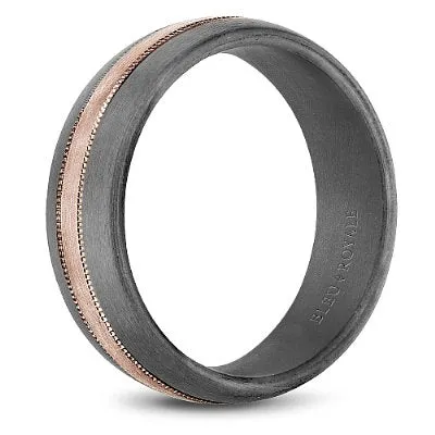 Bleu Royale Tantalum Wedding Band with a Gold Stripe & Milgrain Detailing