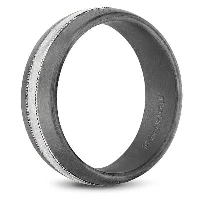 Bleu Royale Tantalum Wedding Band with a Gold Stripe & Milgrain Detailing