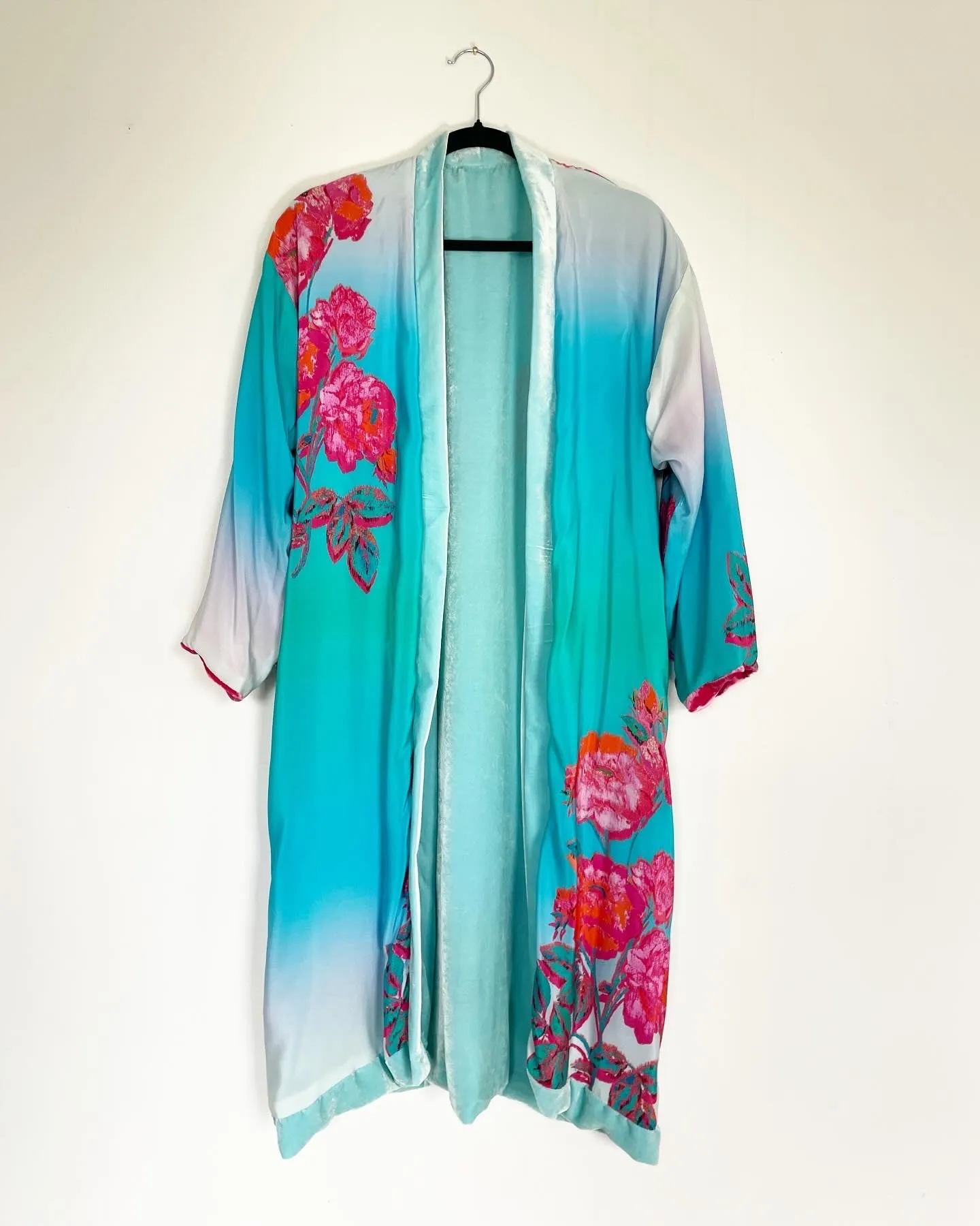 Blue and Pink Velvet Caftan with Butterfly Artwork