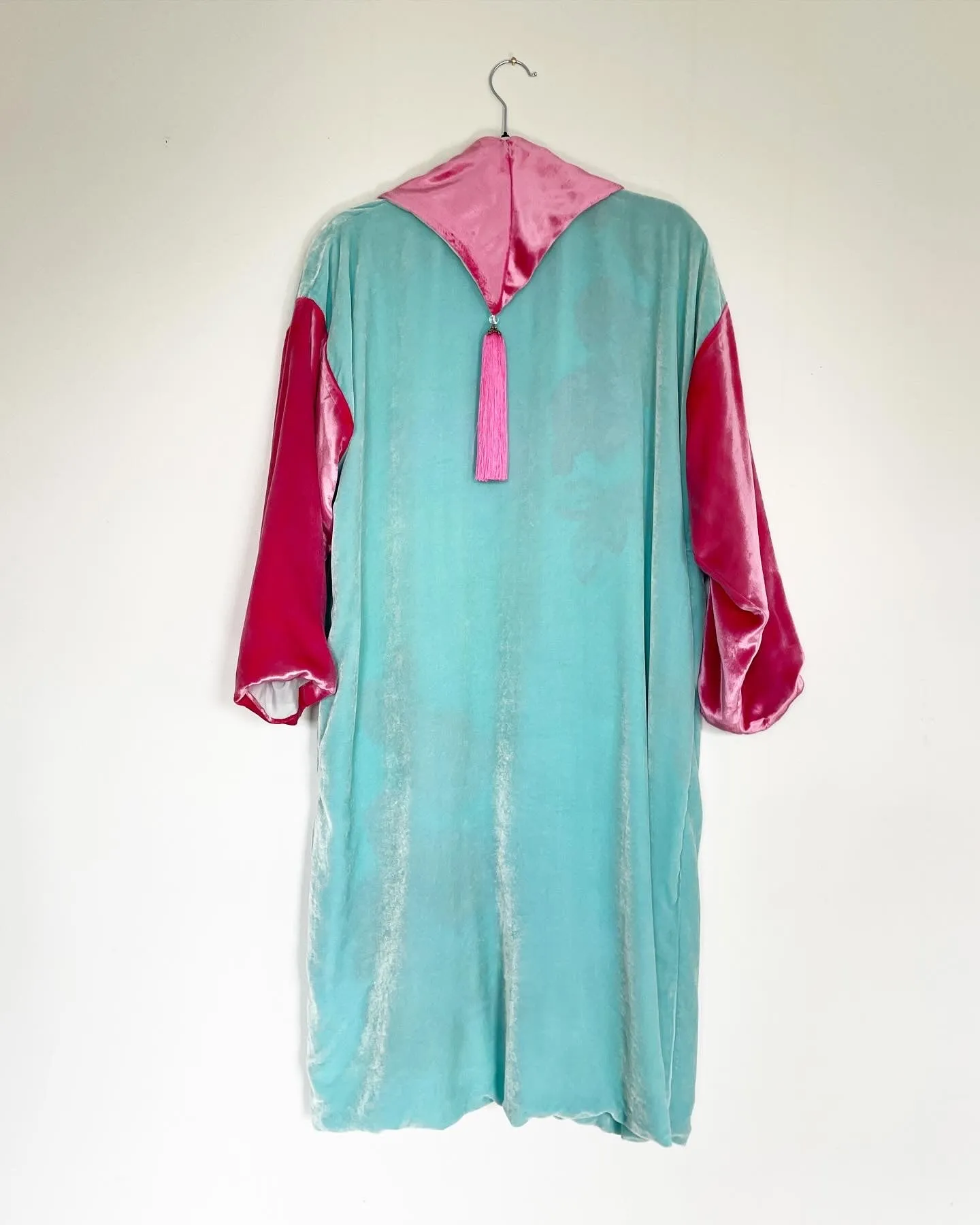 Blue and Pink Velvet Caftan with Butterfly Artwork